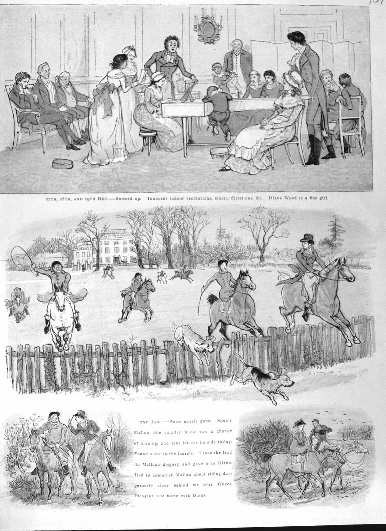 Original Old Antique Print 1881 Christmas Horses Hunting Dogs Country Colour