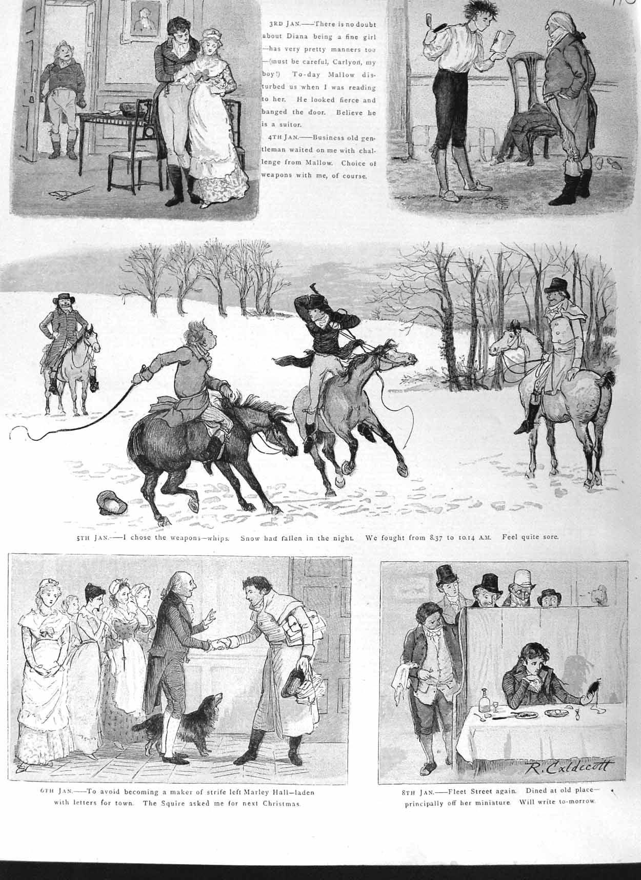 Original Old Antique Print 1881 Horses Hunting Sport Snow Marley Hall Colour