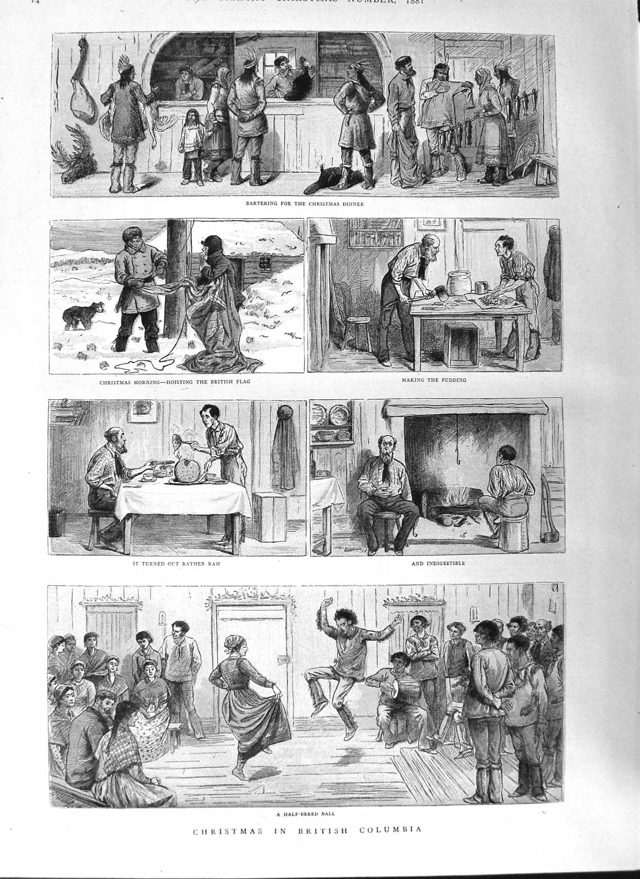 Old Antique Print 1881 Christmas Dinner British Columbia Dancing Colour 19th