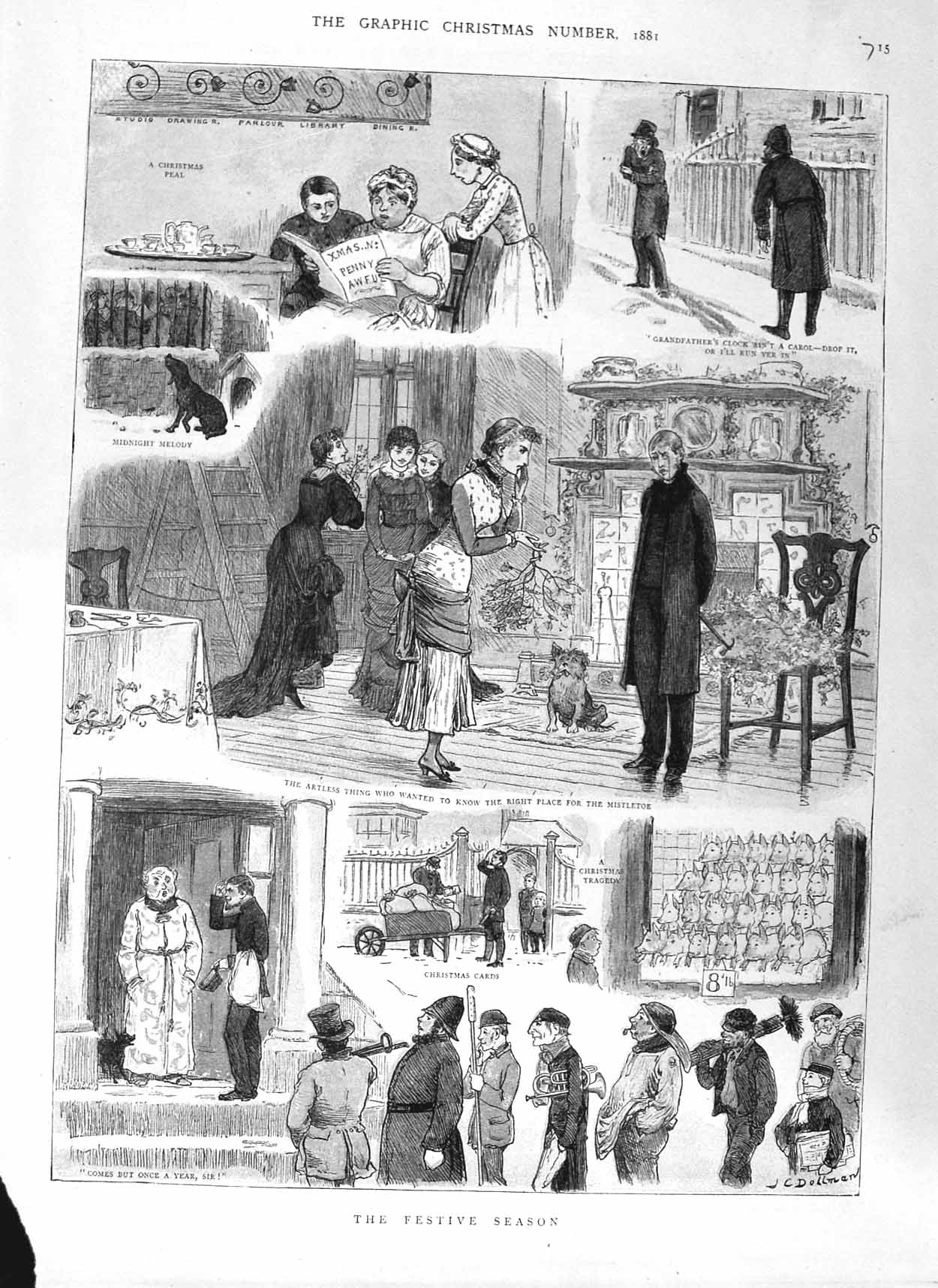 Original Old Antique Print 1881 Christmas Mistletoe Pigs Cards Family Colour