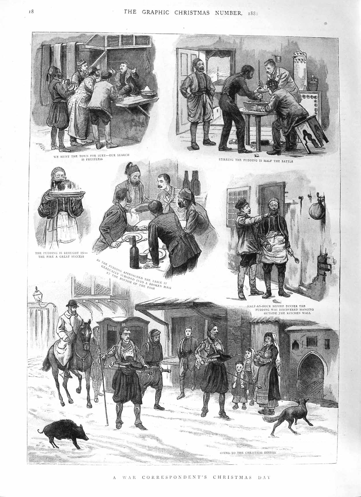 Original Old Antique Print 1881 War Correspondent Christmas Dinner Colour 19th