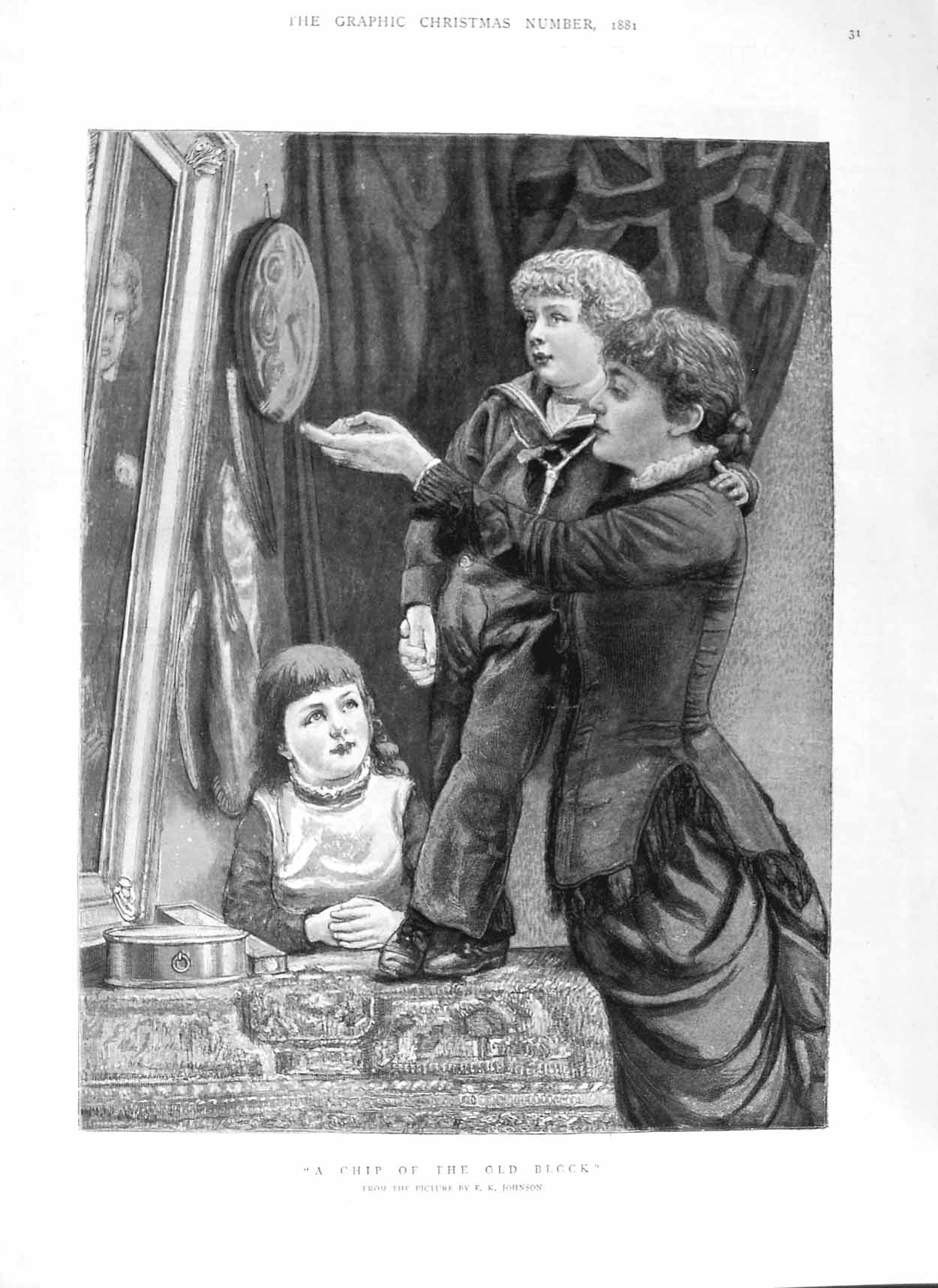 Original Old Antique Print 1881 Mother Children Girl Boy Art Painting Colour