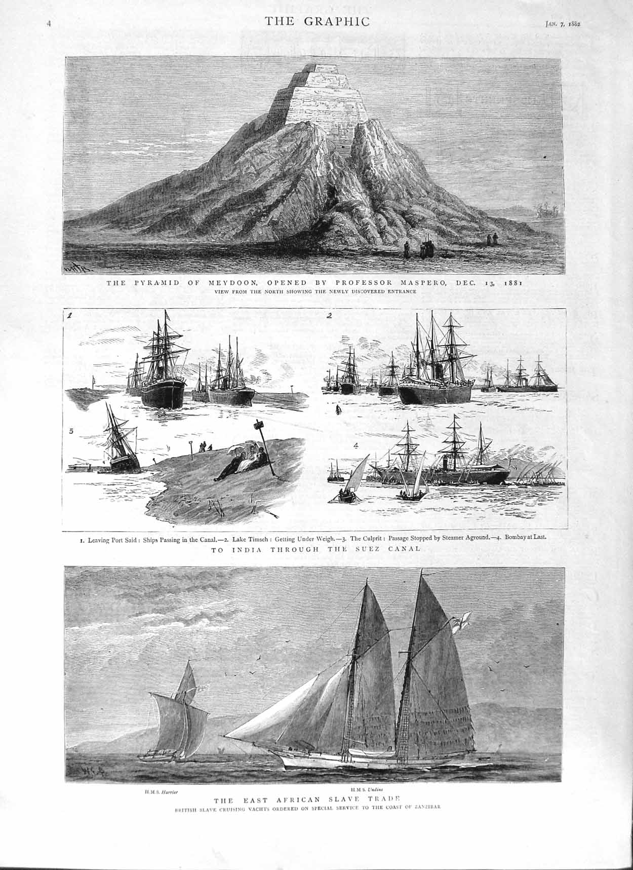 Old Antique Print 1882 Pyramid Meydoon Maspero Port Said Ships Suez Slave 19th