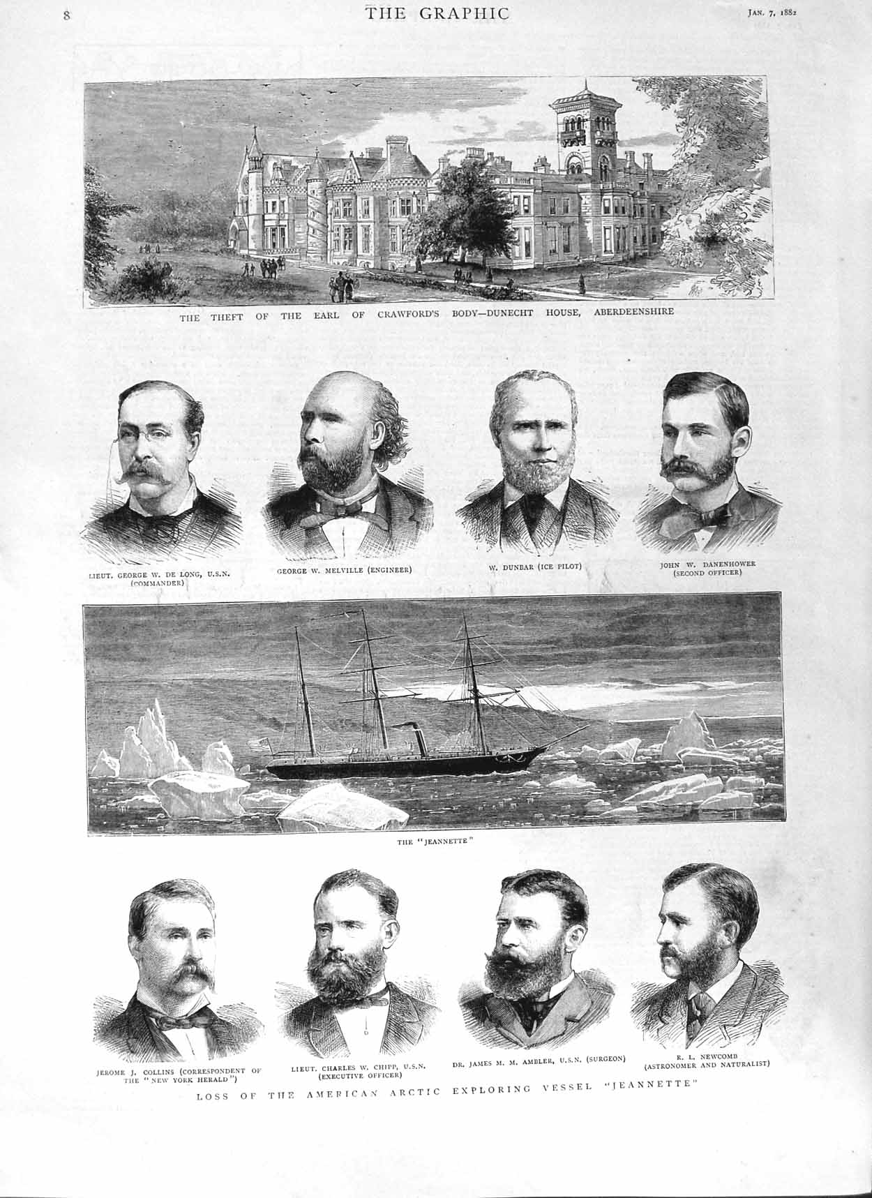 Old Antique Print 1882 Dunecht House Aberdeenshire Jeannette Ship Arctic 19th
