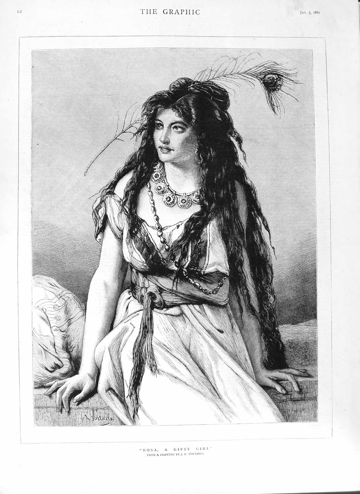Original Old Antique Print 1882 Portrait Rosa Gipsy Girl Portaels F Victorian