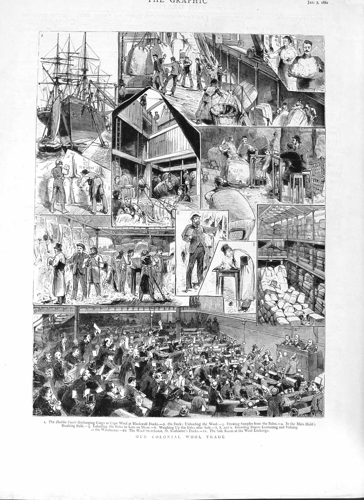 Original Old Antique Print 1882 Colonial Wool Trade Dublin Castle Ship Bl 19th