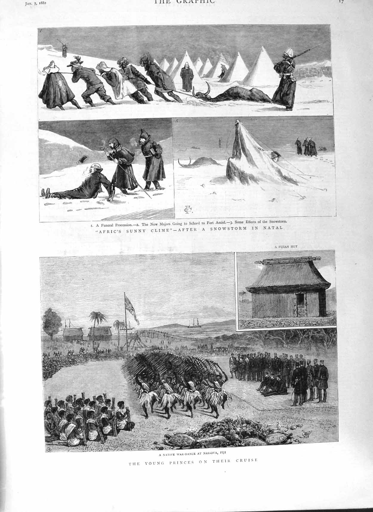 Original Old Antique Print 1882 Native War Dance Nassova Fiji Snowstorm Natal