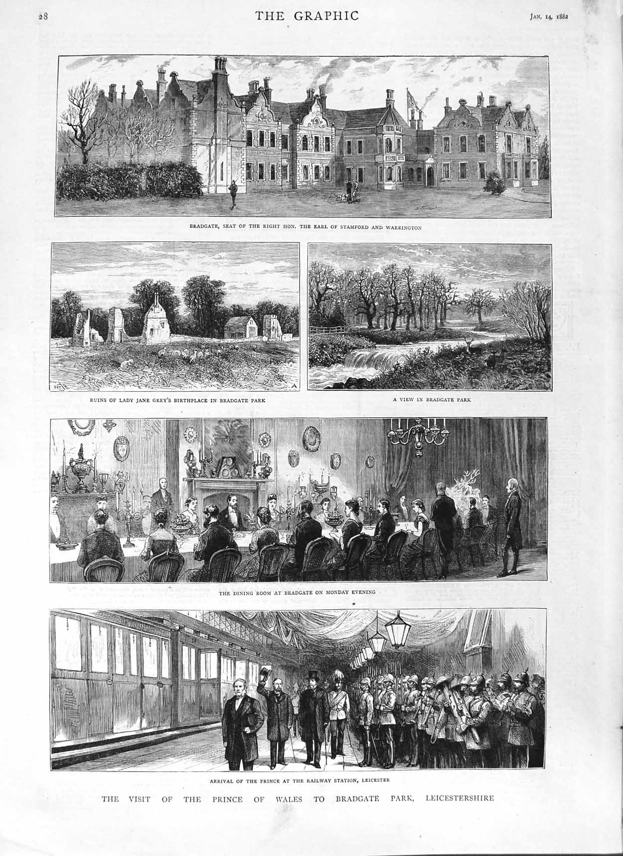Old Antique Print 1882 Prince Wales Railway Bradgate Leicester Stamford 19th