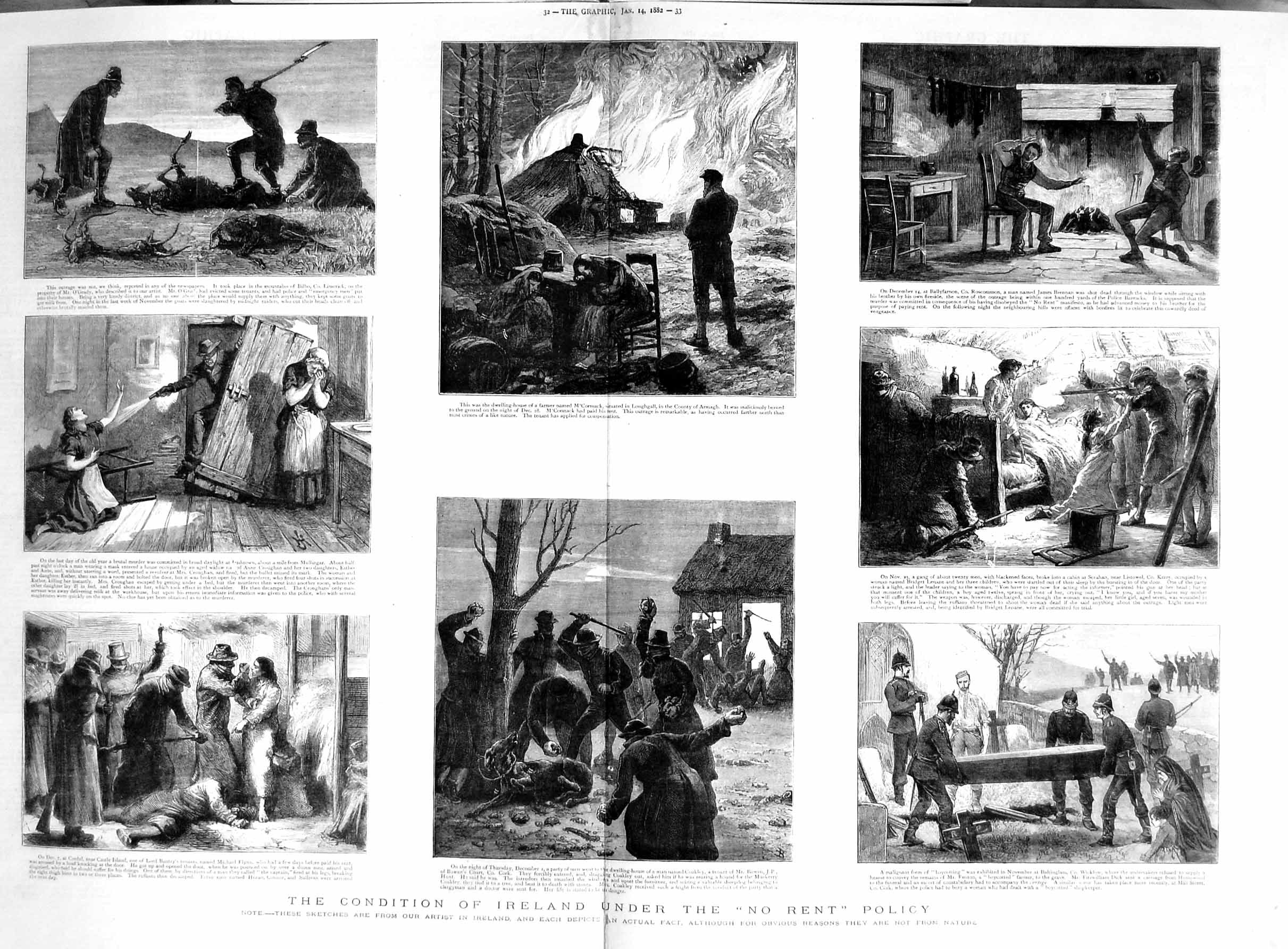 Original Old Antique Print 1882 Ireland No Rent Policy Mccormack Armag Victorian