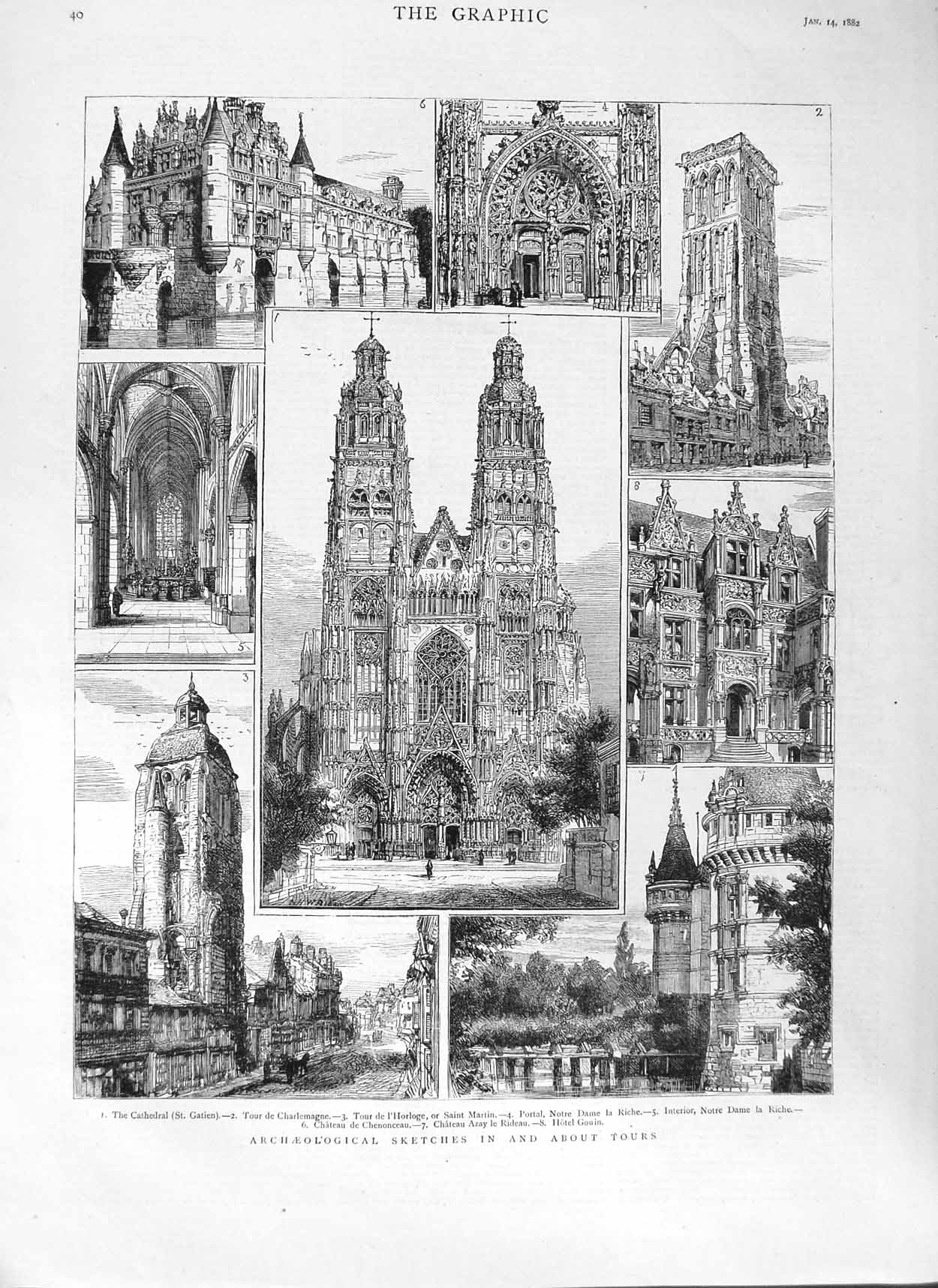 Original Old Antique Print 1882 Archaeology Tours France Cathedral Gatien Notre