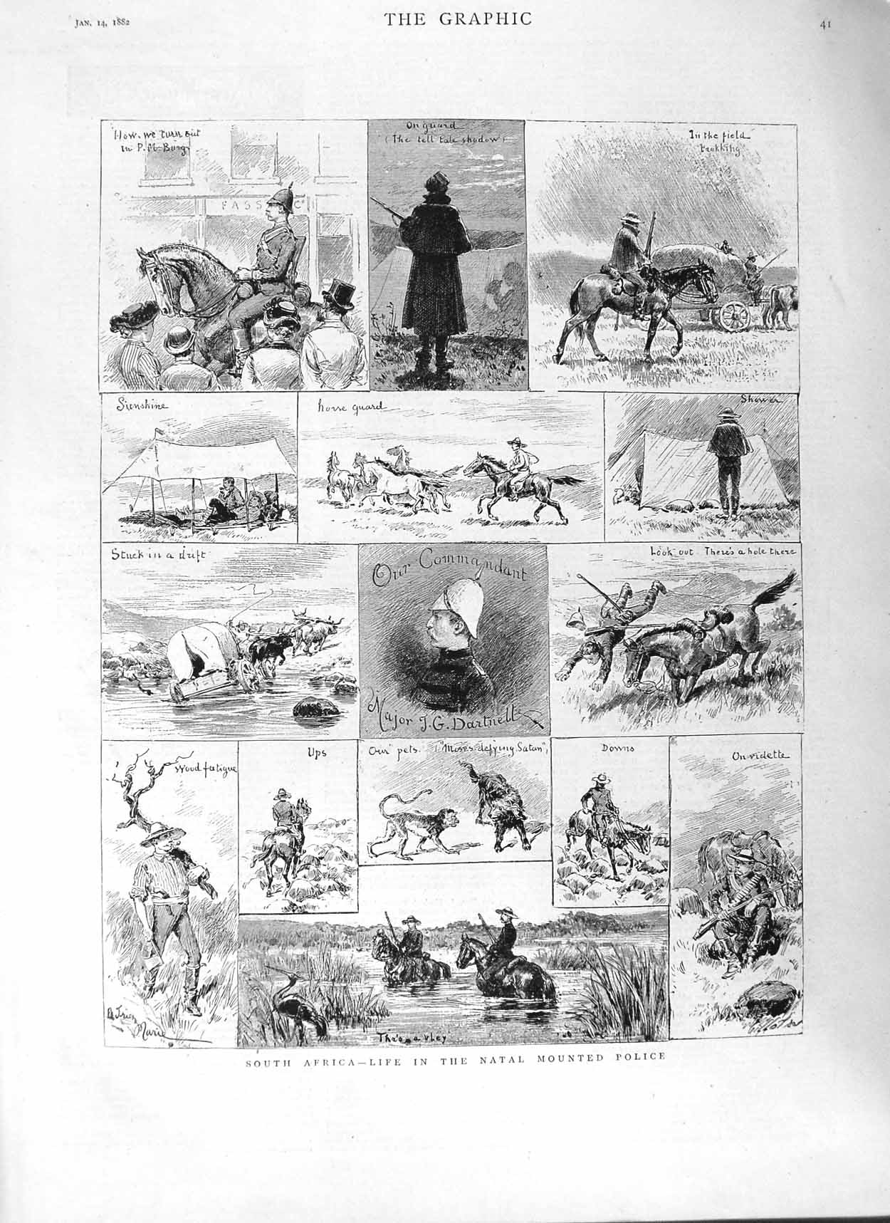 Original Old Antique Print 1882 South Africa Natal Mounted Police Camp D 19th