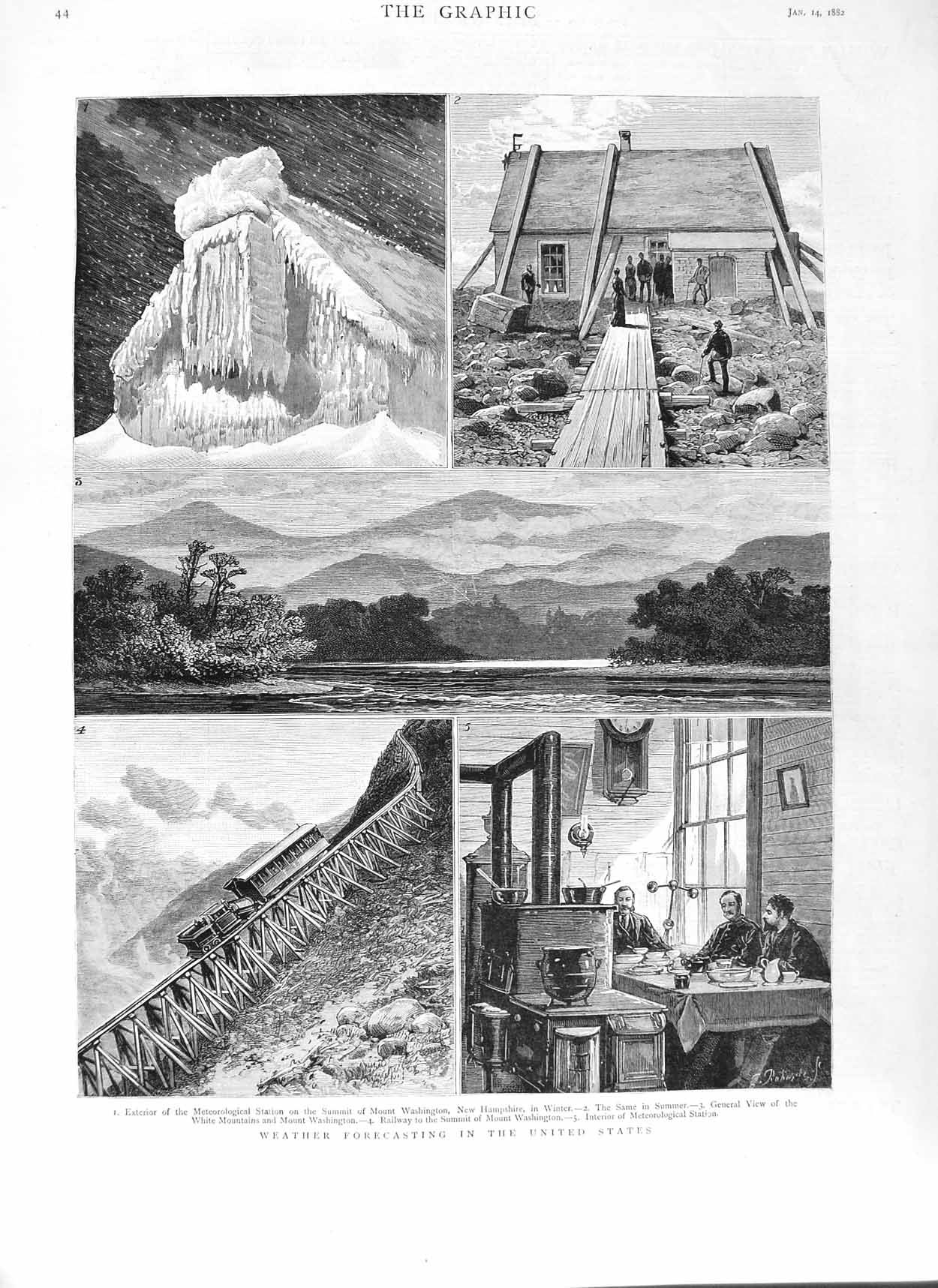 Original Old Antique Print 1882 America Weather Meteorology Mount Washington