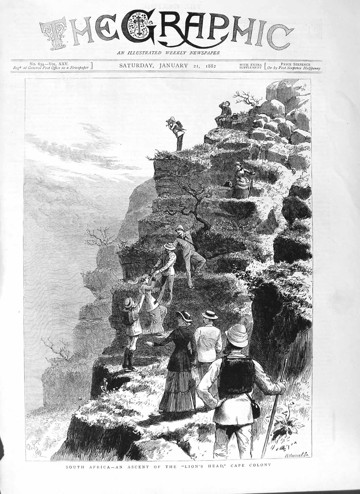 Original Old Antique Print 1882 South Africa Lions Head Cape Colony Mountains