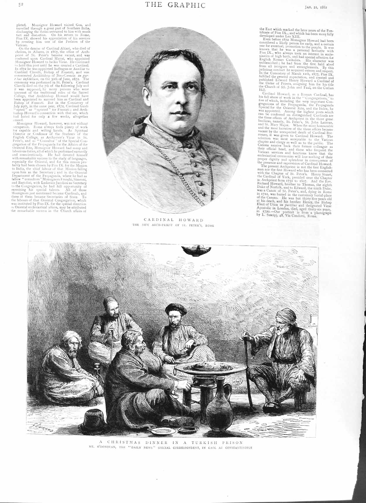 Original Old Antique Print 1882 Cardinal Howard Arch-Priest Rome Turkish Prison