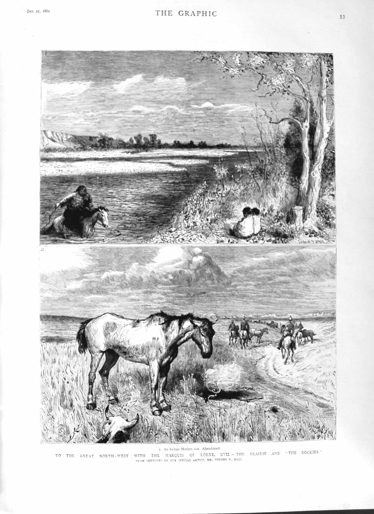 Original Old Antique Print 1882 Marquis Lorne Prairie Rockies Mountains Indians