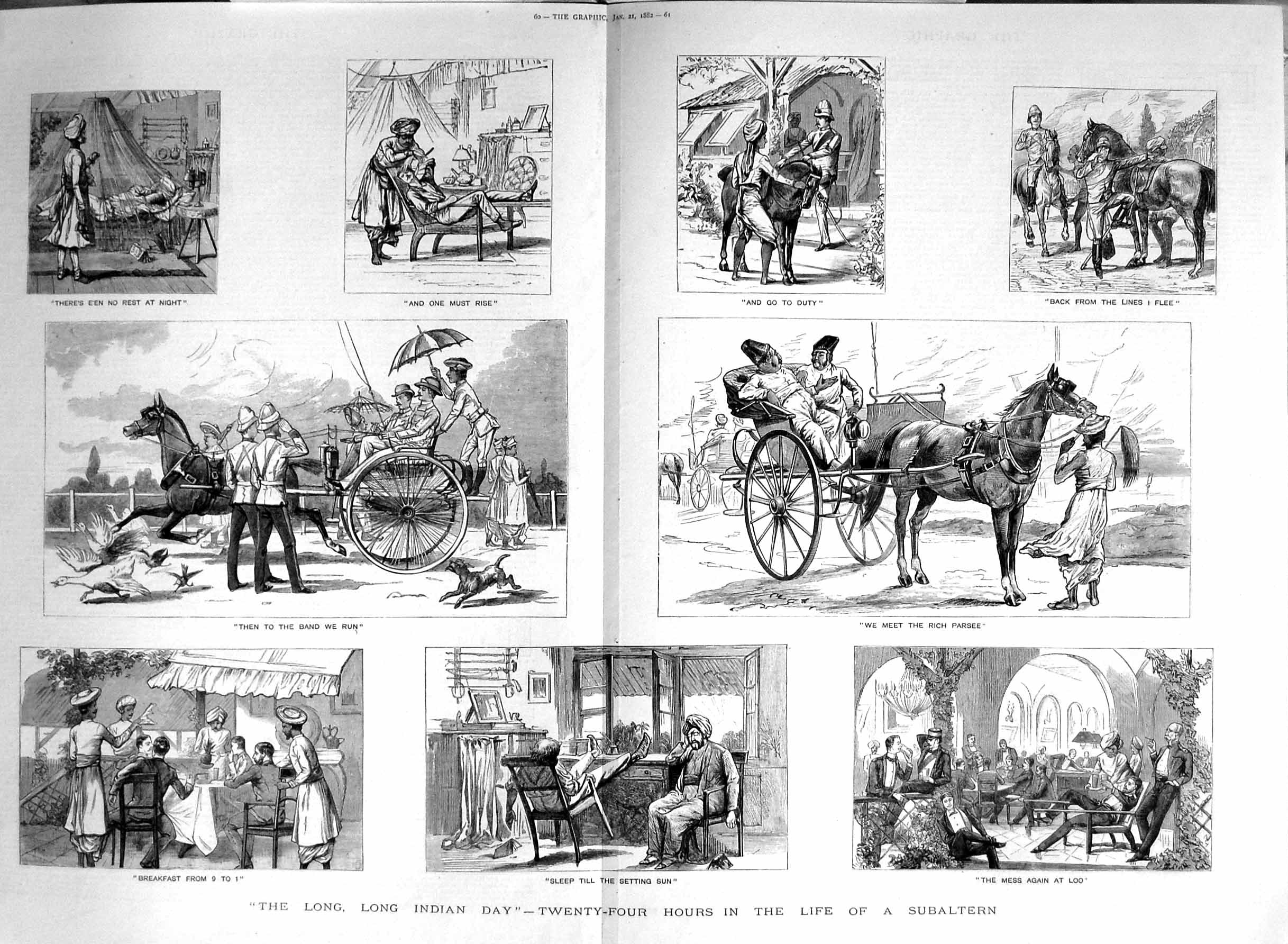 Original Old Antique Print 1882 India Subaltern Mess Loo Siers Horses Cart 0
