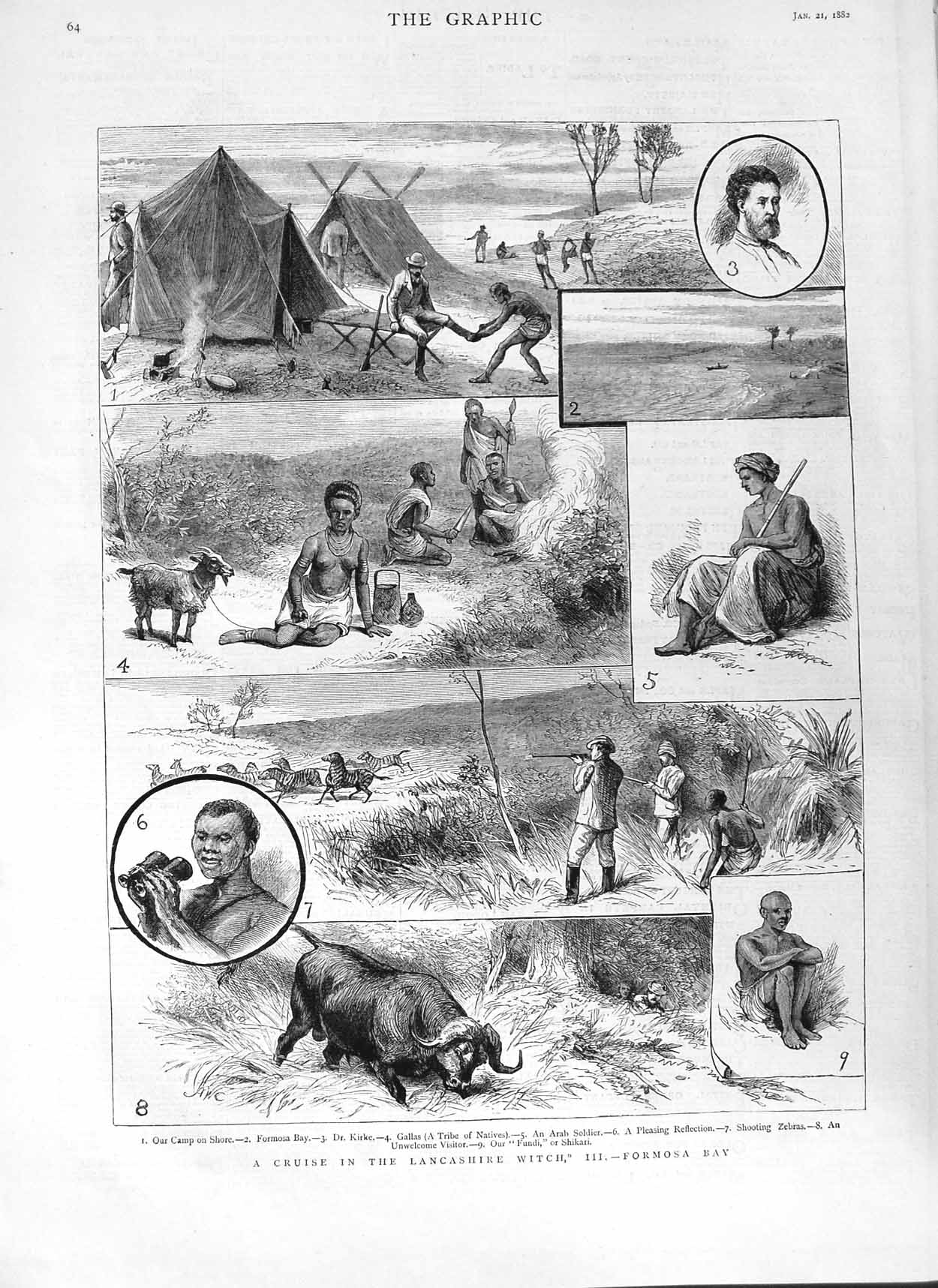 Original Old Antique Print 1882 Formosa Bay Camp Kirke Arab Sier Zebras Hunting