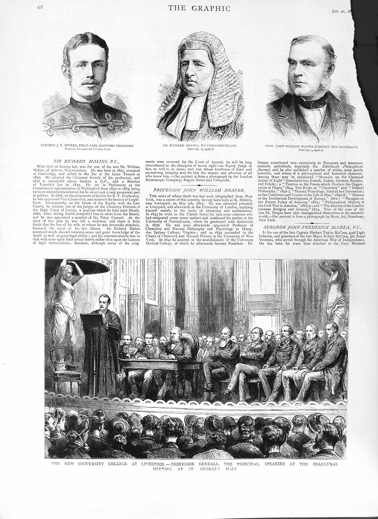Old Antique Print 1882 University College Liverpool Mccrea Malins Draper 19th