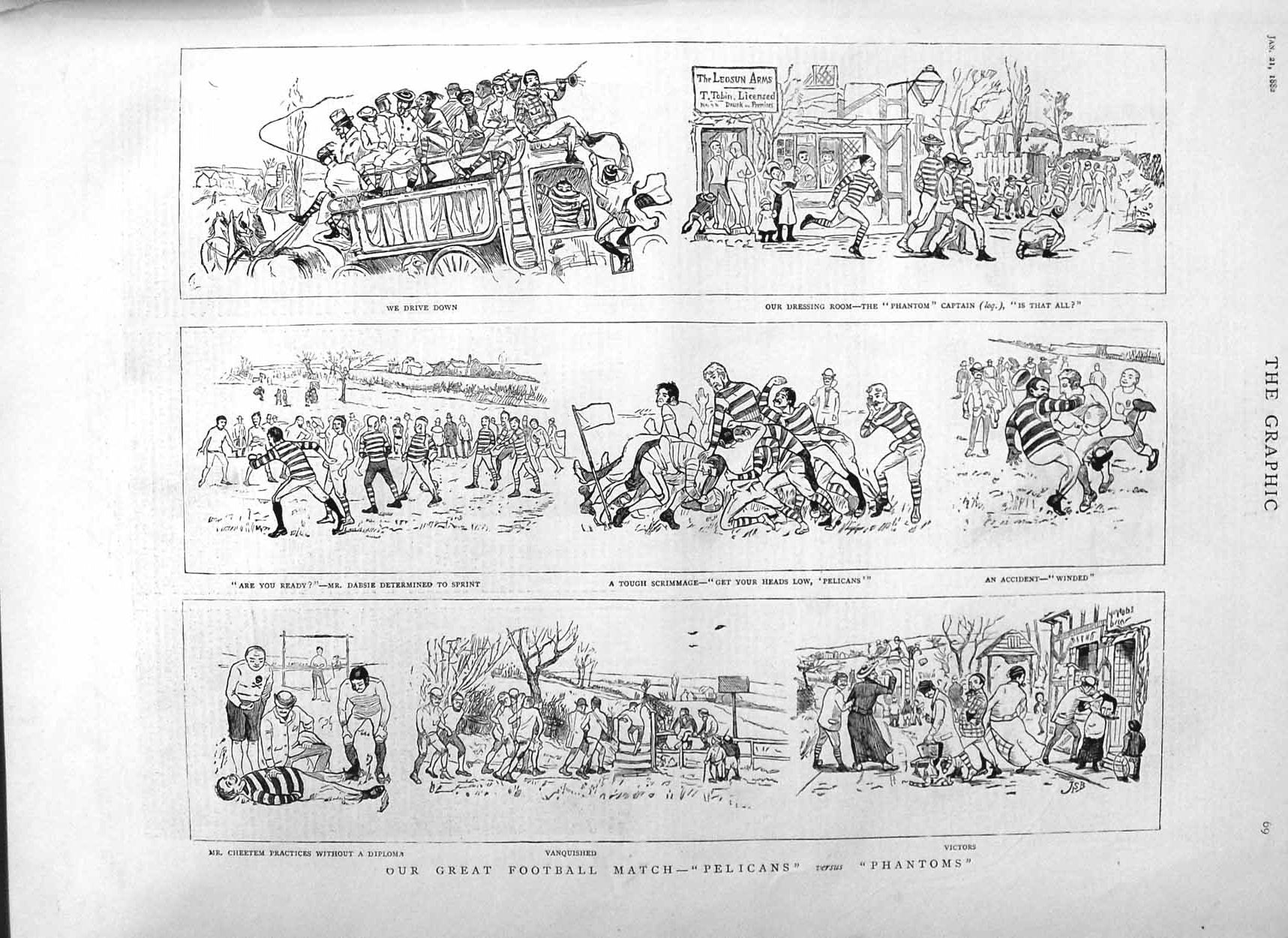 Original Old Antique Print 1882 Football Pelicans Phantoms Sport Comedy C 19th