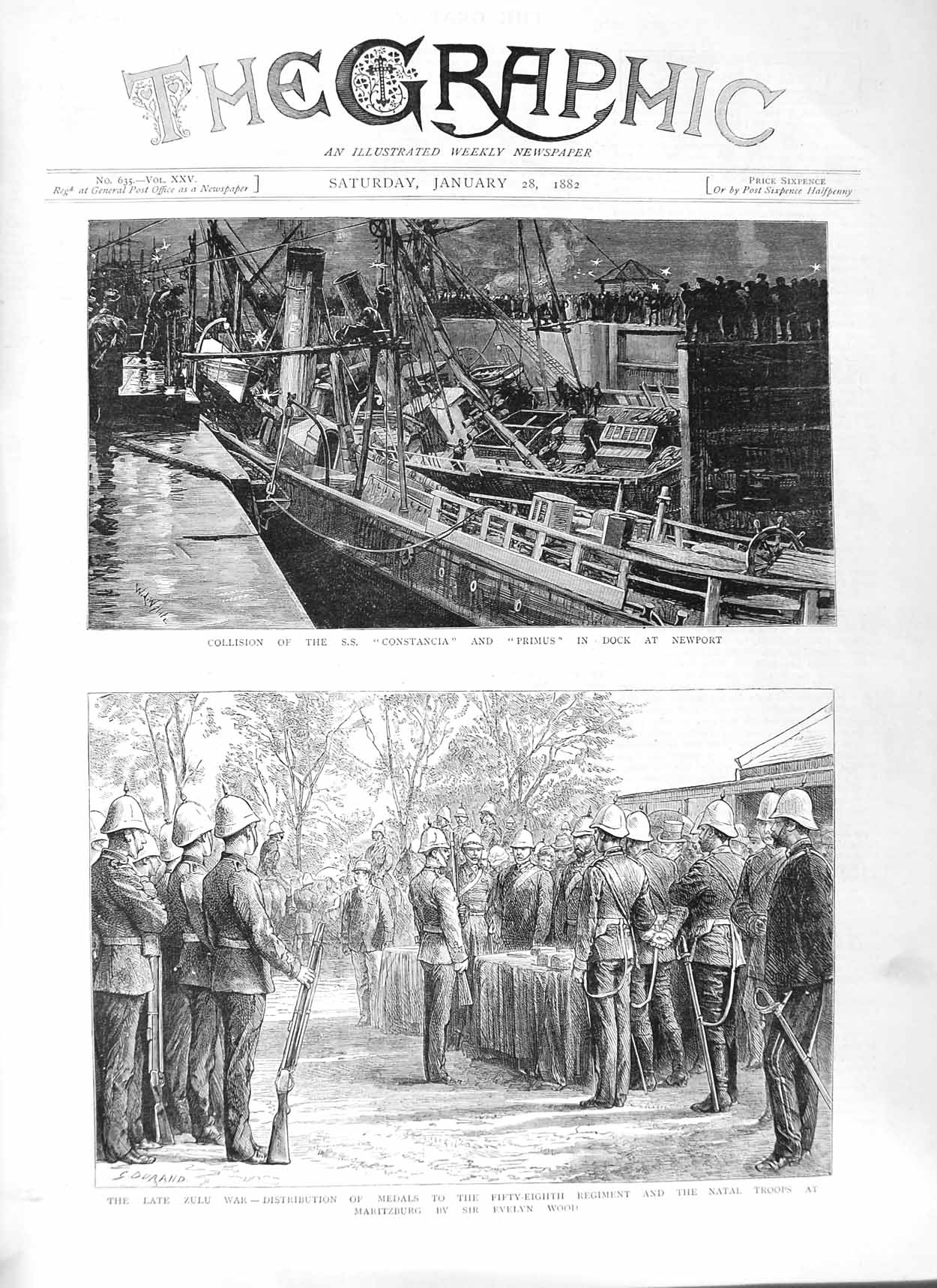 Original Old Antique Print 1882 Ships Crash Constancia Primus Newport Zulu War