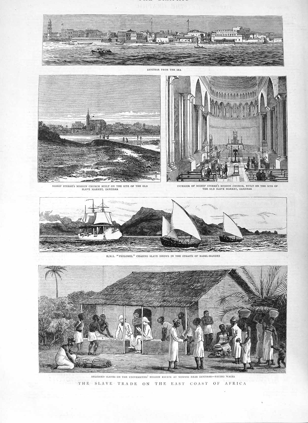 Original Old Antique Print 1882 Slave Trade Africa Zanzibar Ship Philomel 19th