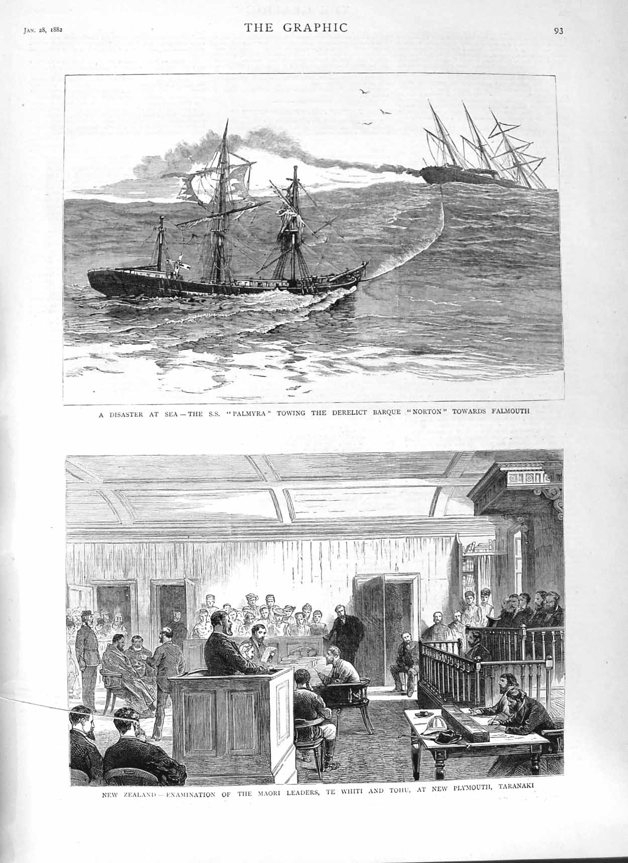 Old Antique Print 1882 New Zealand Maori Whiti Tohu Taranaki Ship Palmyra 19th