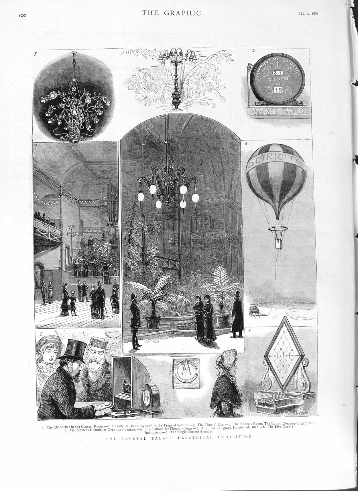 Original Old Antique Print 1882 Crystal Palace Electrical Exhibition Victorian