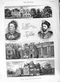 Original Old Antique Print 1882 Kirby Hall Northamptonshire Queen Elizabeth 19th