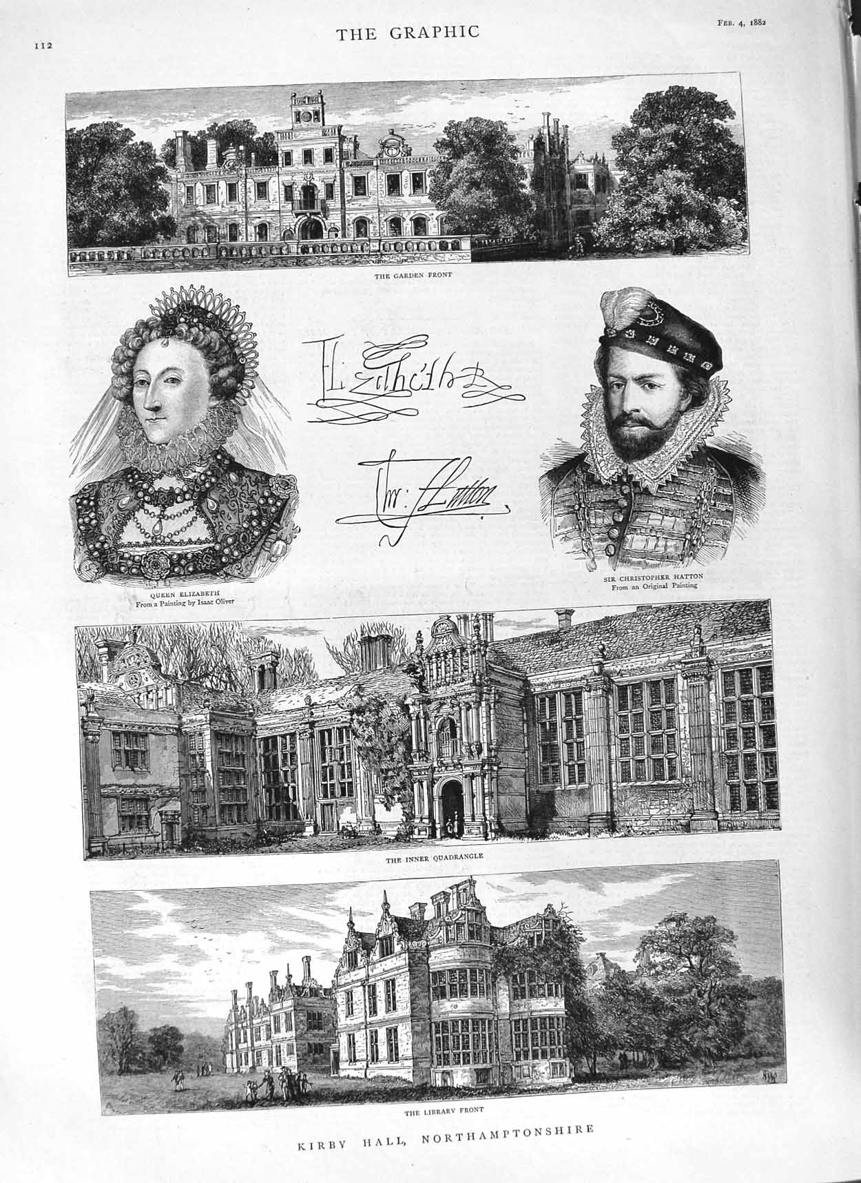 Original Old Antique Print 1882 Kirby Hall Northamptonshire Queen Elizabeth 19th