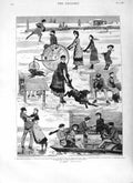 Original Old Antique Print 1882 Ice Skating Winter Sport Canada Dog Boat 19th