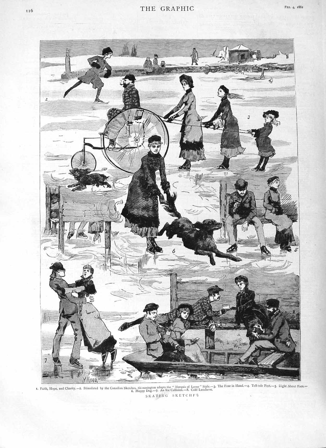 Original Old Antique Print 1882 Ice Skating Winter Sport Canada Dog Boat 19th