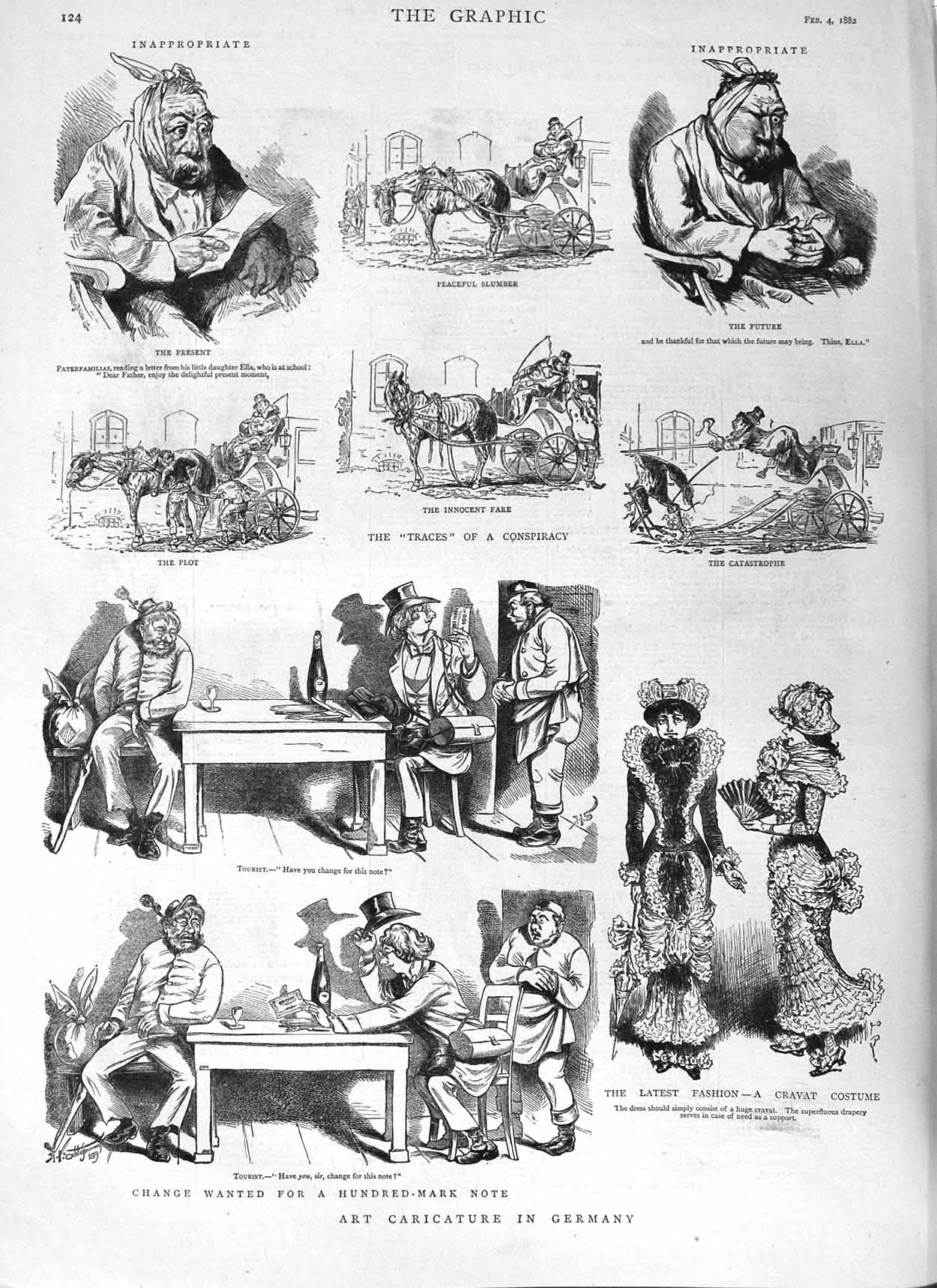 Original Old Antique Print 1882 Art Caricature Germany Cravat Costume Fashion