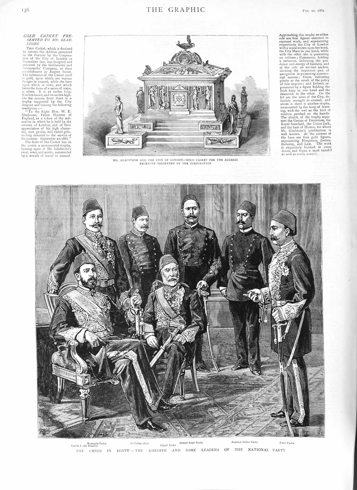 Original Old Antique Print 1882 Egypt Khedive National Party Gladstone GCasket