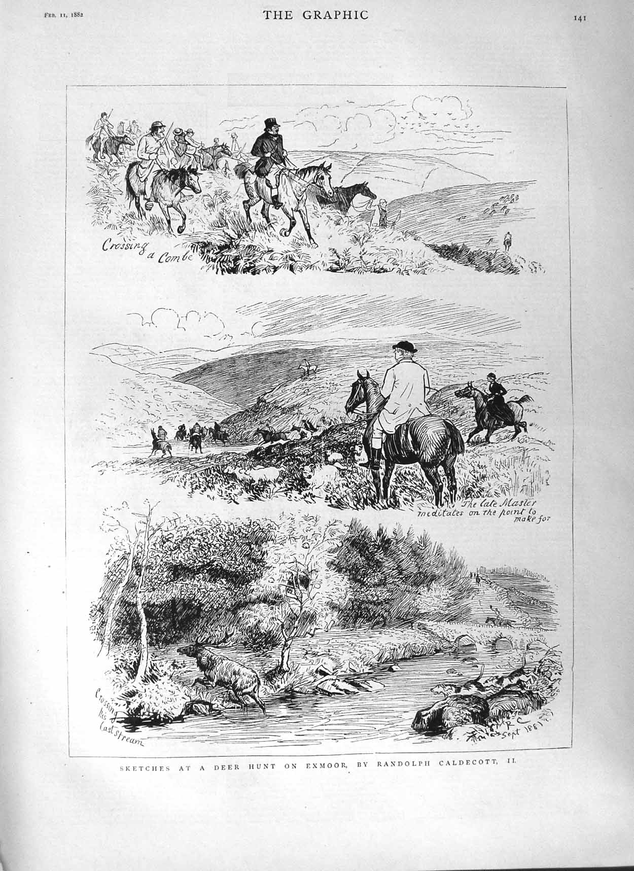 Original Old Antique Print 1882 Deer Hunting Exmoor Horses Cast Stream Hounds
