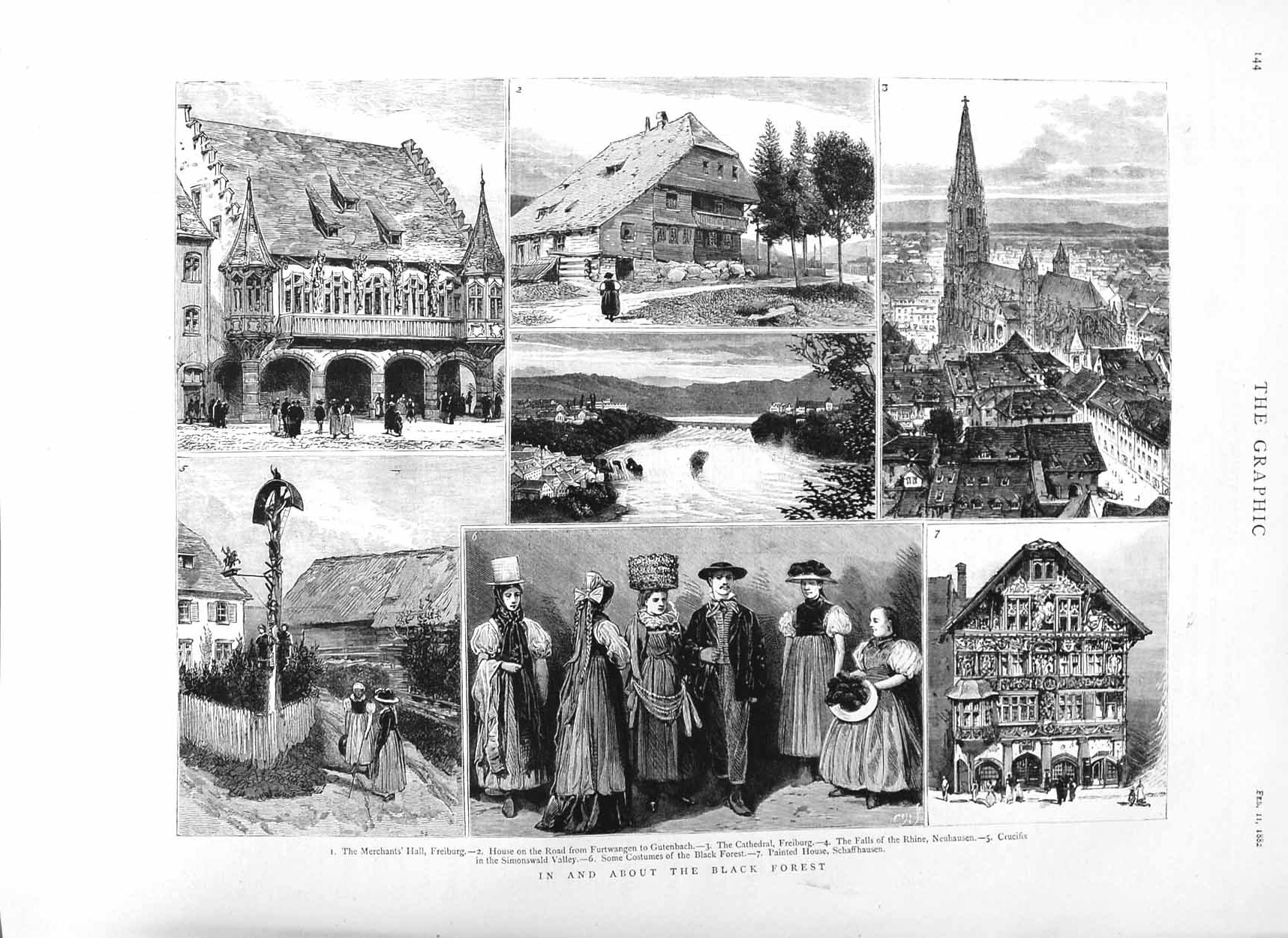Old Antique Print 1882 Black Forest Freiburg Cathedral Neuhausen Costumes 19th