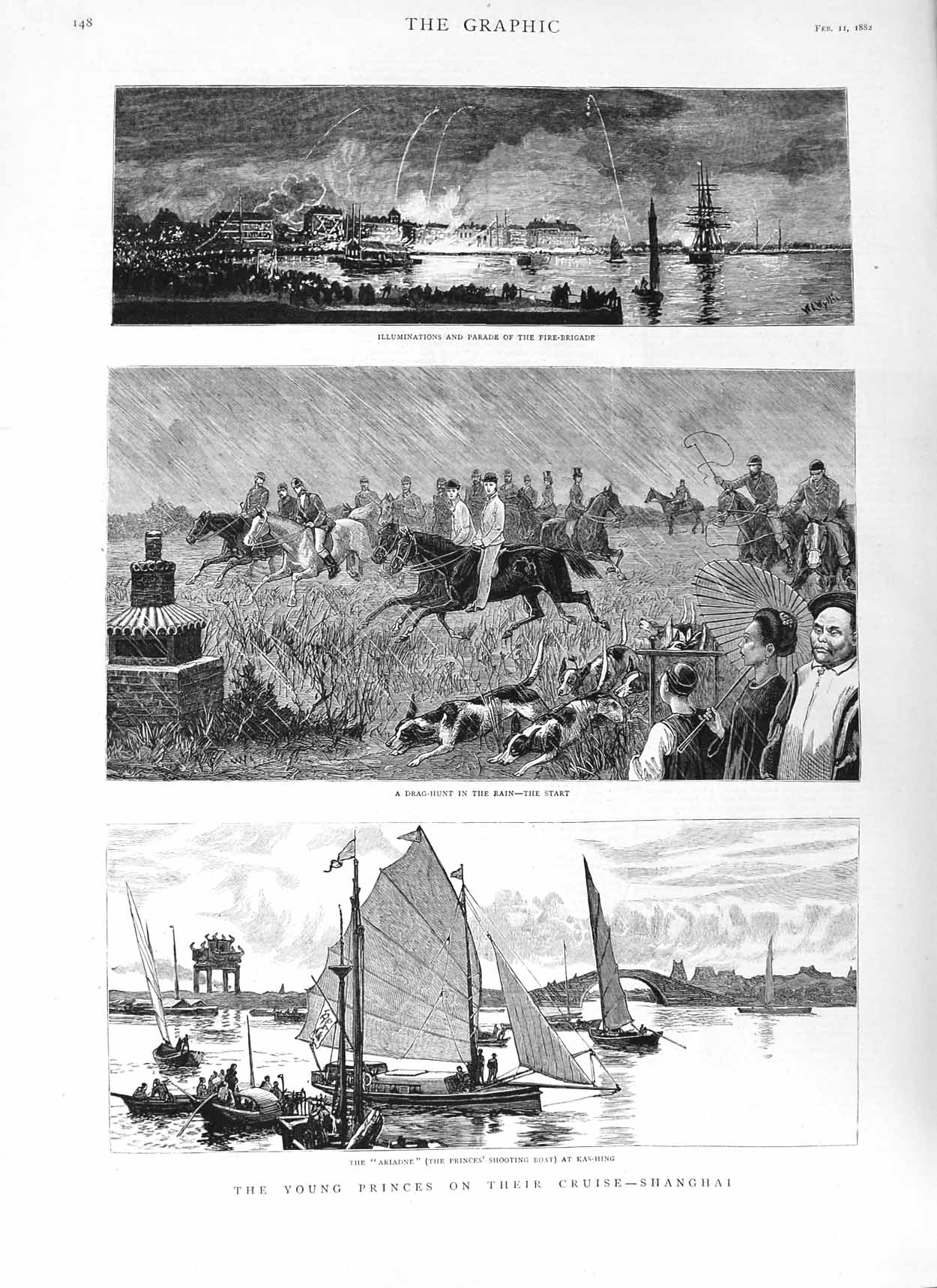 Old Antique Print 1882 Drag Hunt Ariadne Princes Shooting Boat Kas-Hing 19th