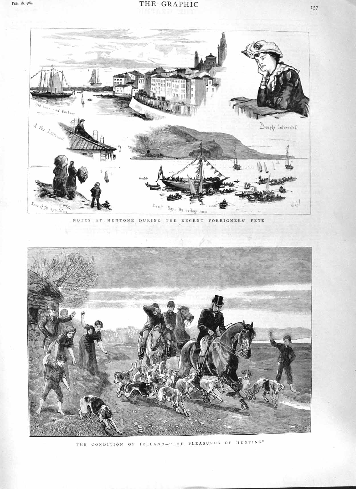 Old Antique Print 1882 Mentone Harbour Ships Ireland Hunting Sport Horses 19th