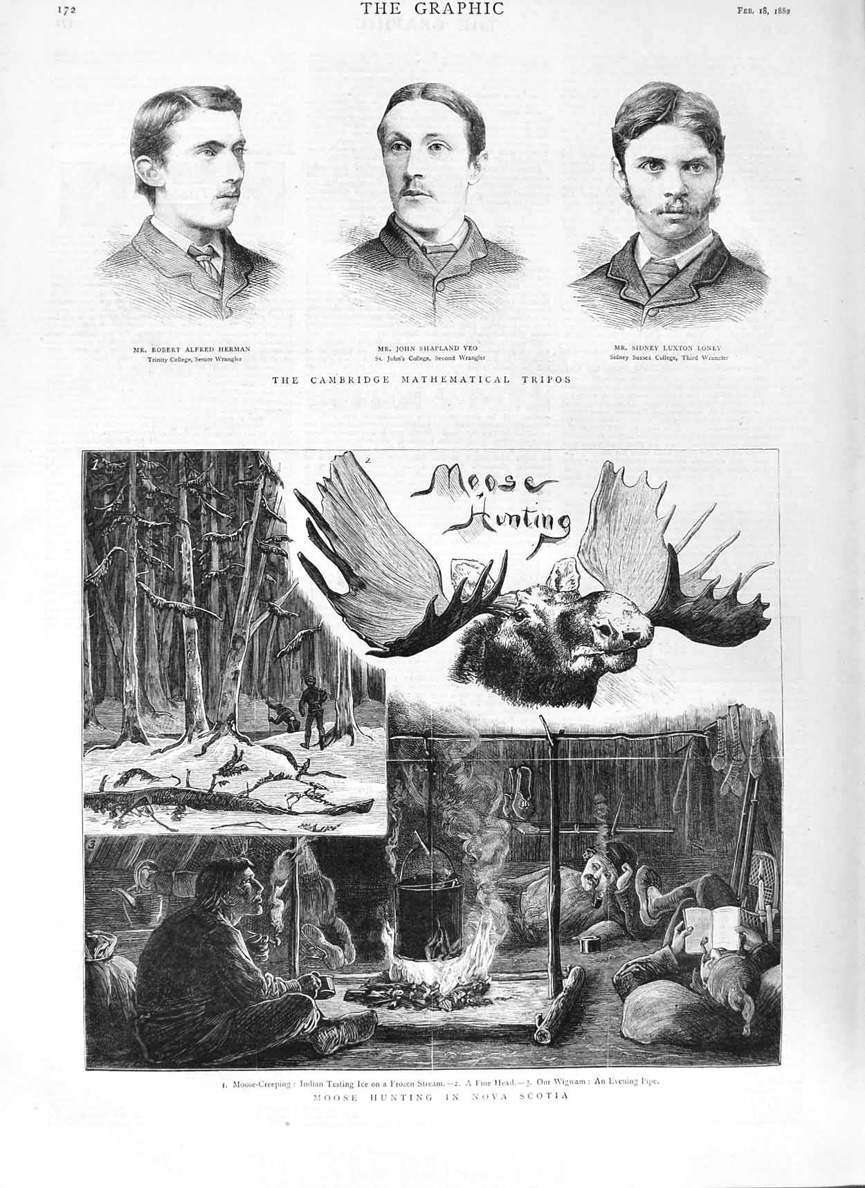 Old Antique Print 1882 Moose Hunting Nova Scotia Cambridge Loney Yeo Men 19th