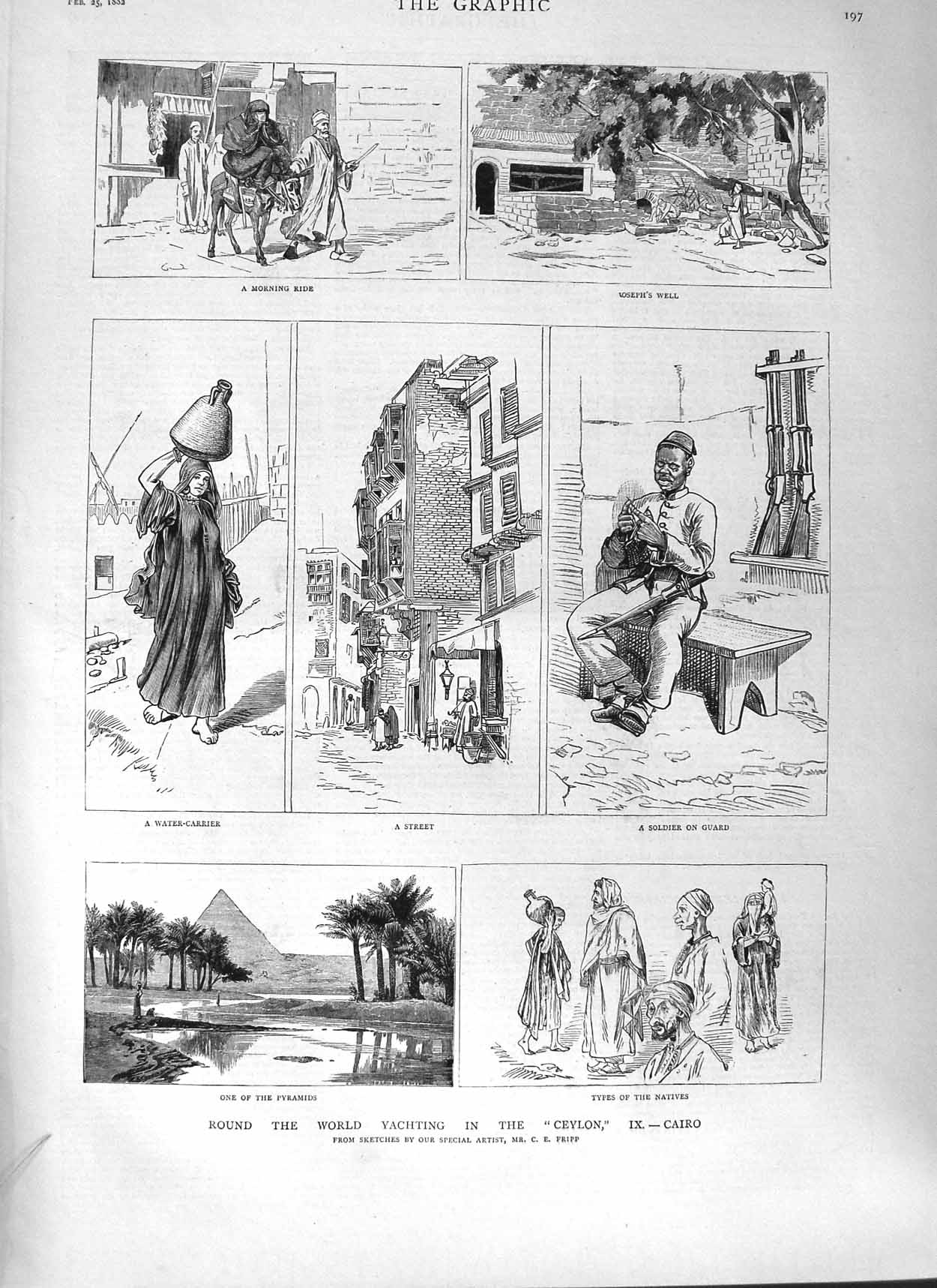 Original Old Antique Print 1882 Yacht Ceylon Cairo Egypt Pyramids Joseph'S Well