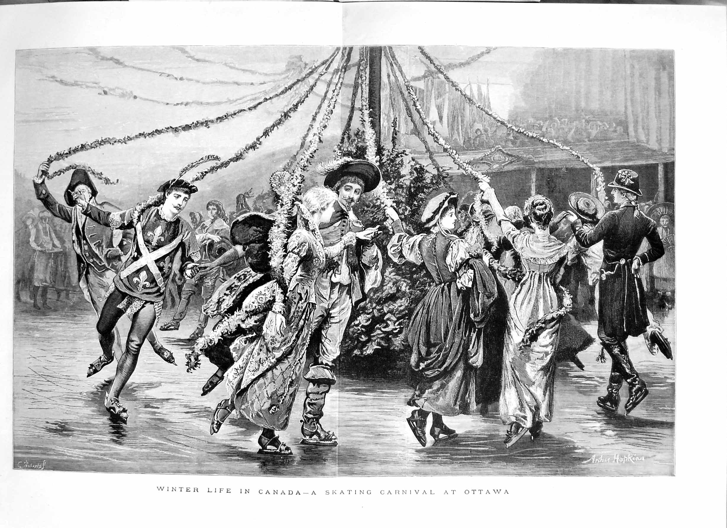 Old Antique Print 1882 Winter Canada Ice Skating Carnival Ottawa Sport 19th