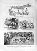 Old Antique Print 1882 Yacht Ceylon Wakwallah Catamarans Cingalese Lady 19th