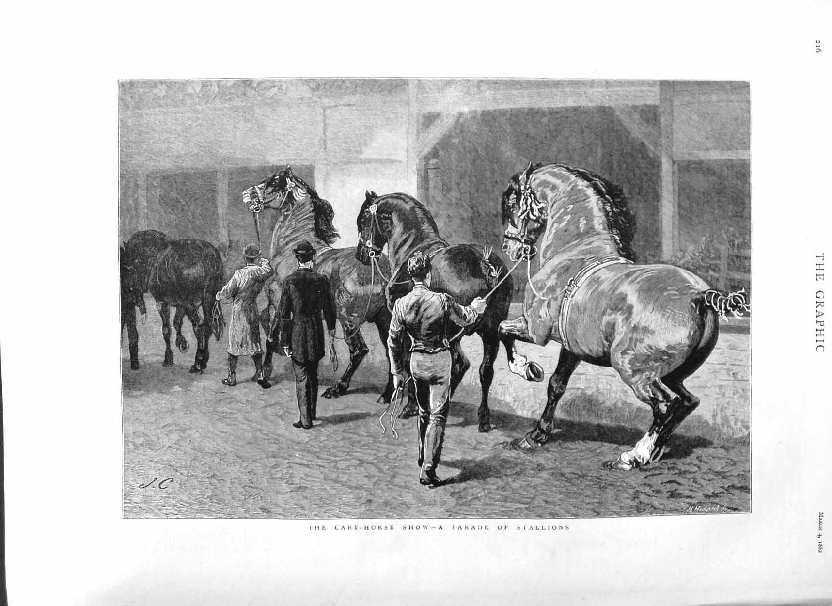 Original Old Antique Print 1882 Cart Horse Show Stallions Parade F Victorian