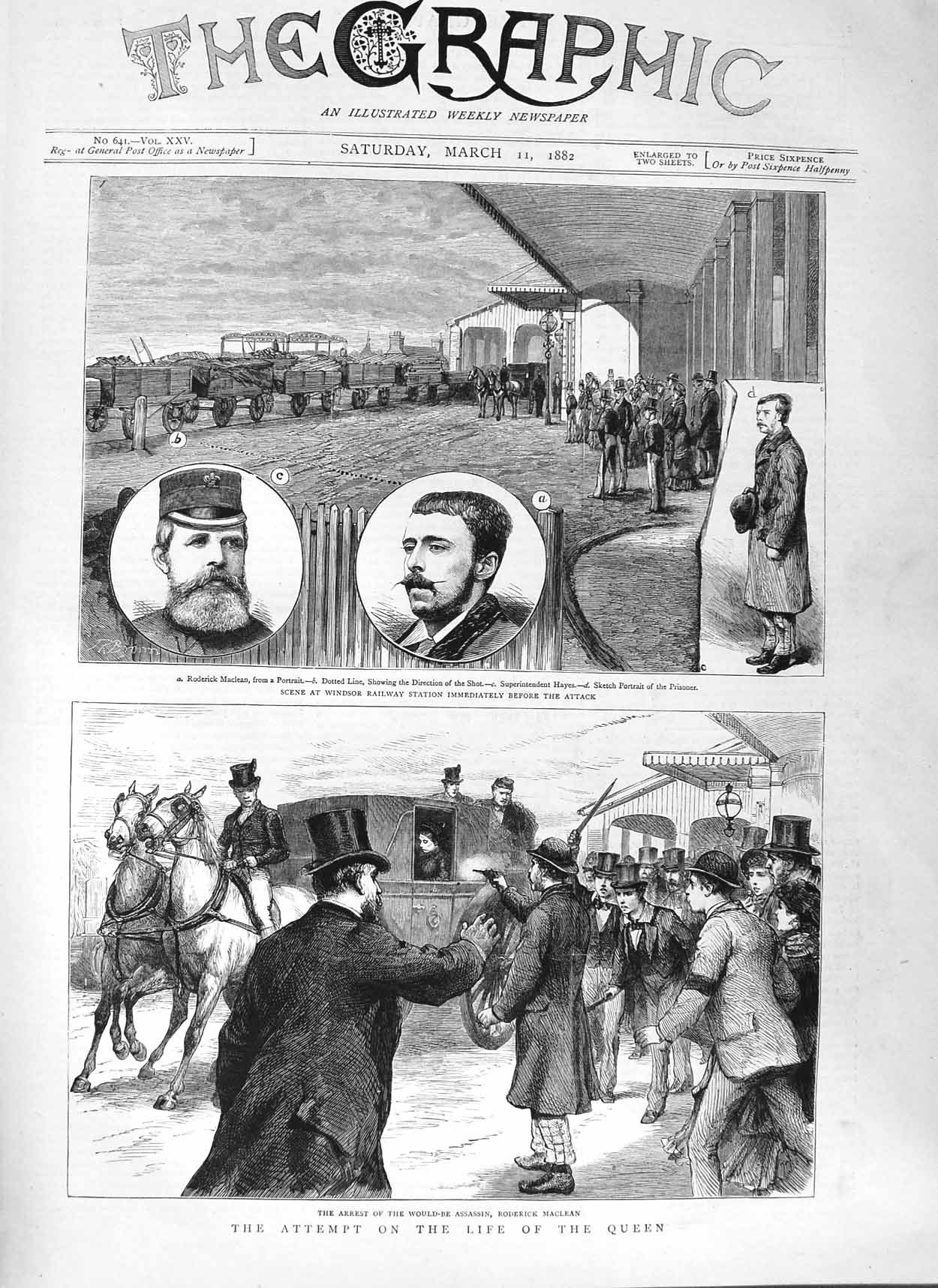 Old Antique Print 1882 Windsor Railway Station Hayes Queen Maclean Arrest 19th