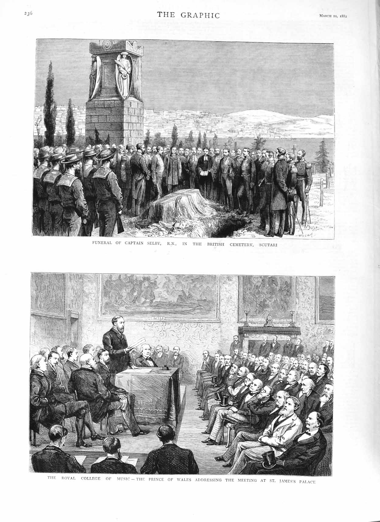 Old Antique Print 1882 Funeral Selby Scutari College Music Prince Wales 19th