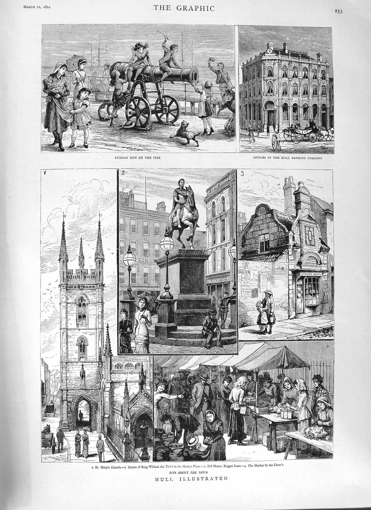 Old Antique Print 1882 Hull Mary'S Church King William Statue Dagger Lane 19th