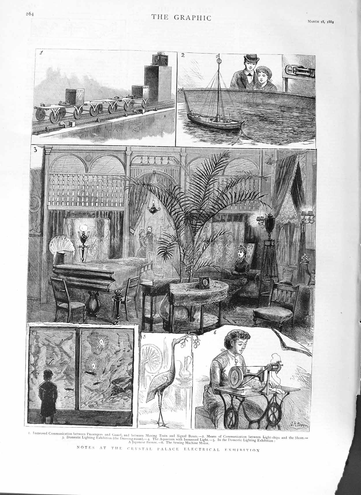 Original Old Antique Print 1882 Crystal Palace Electrical Exhibition Train Ship