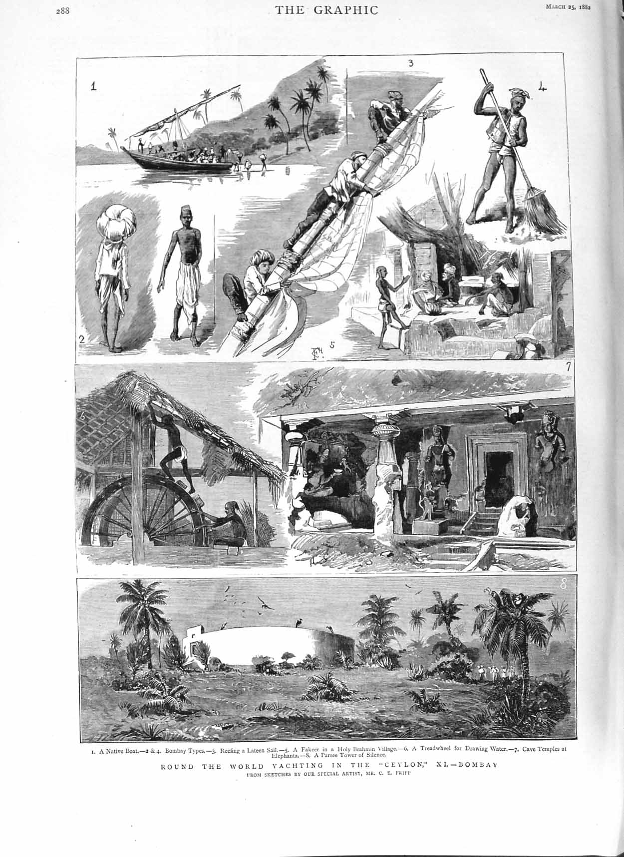 Old Antique Print 1882 Yacht Bombay Ceylon Holy Brahmin Treadwheel Cave 19th