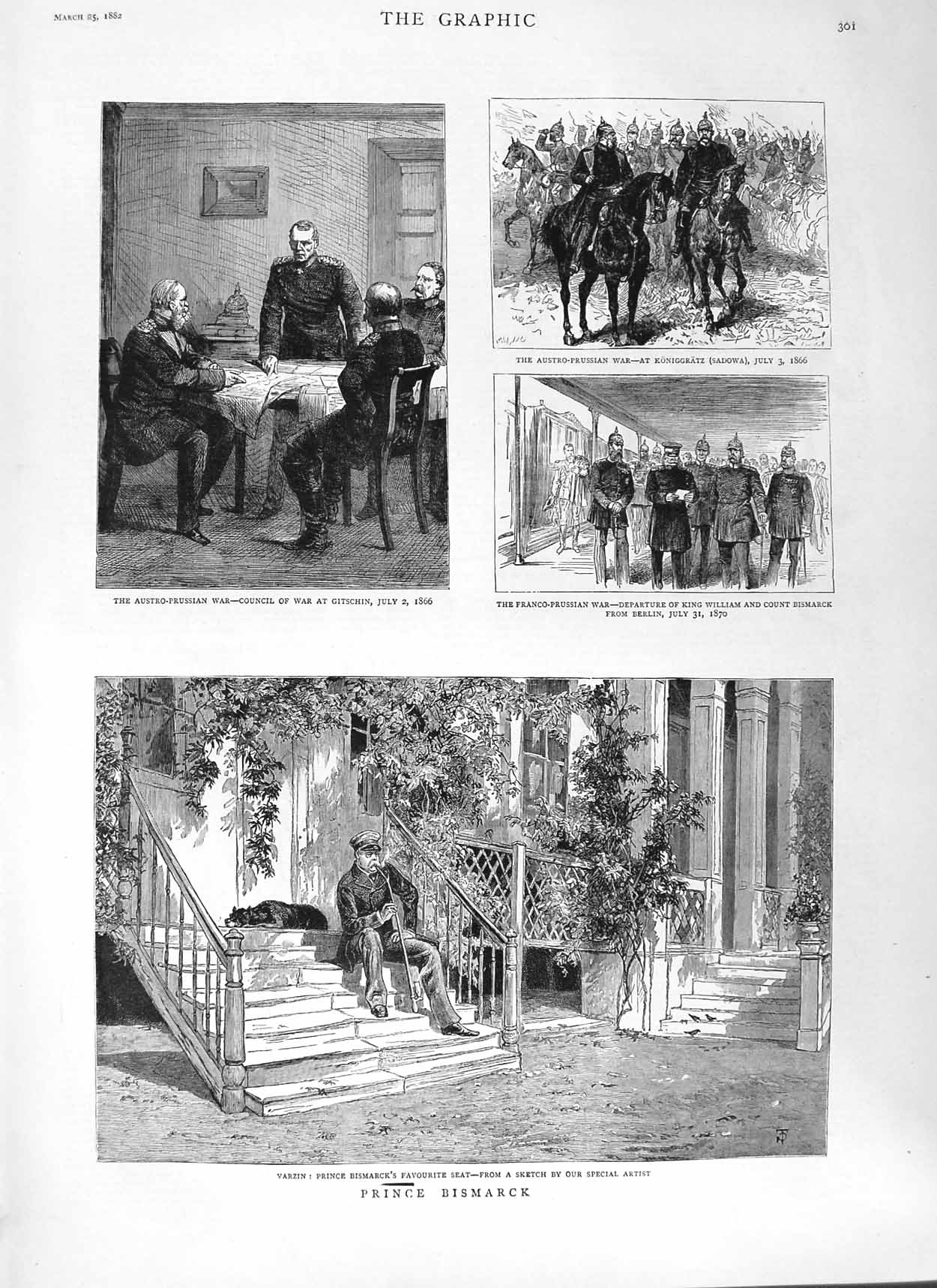 Old Antique Print 1882 Prince Bismarck Varzin Franco-Russian War Gitschin 19th