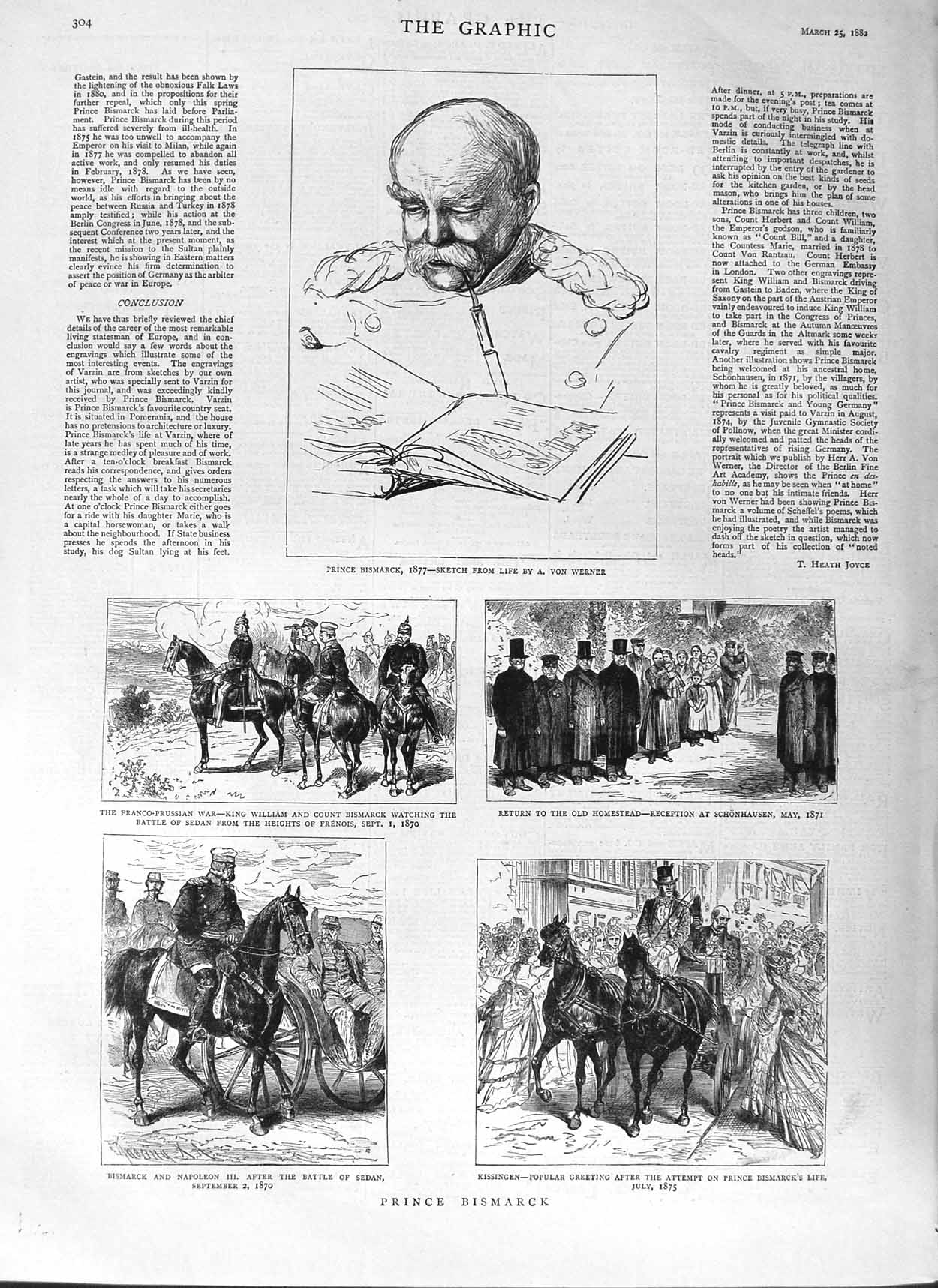 Original Old Antique Print 1882 Prince Bismarck King William Napoleon Kissingen