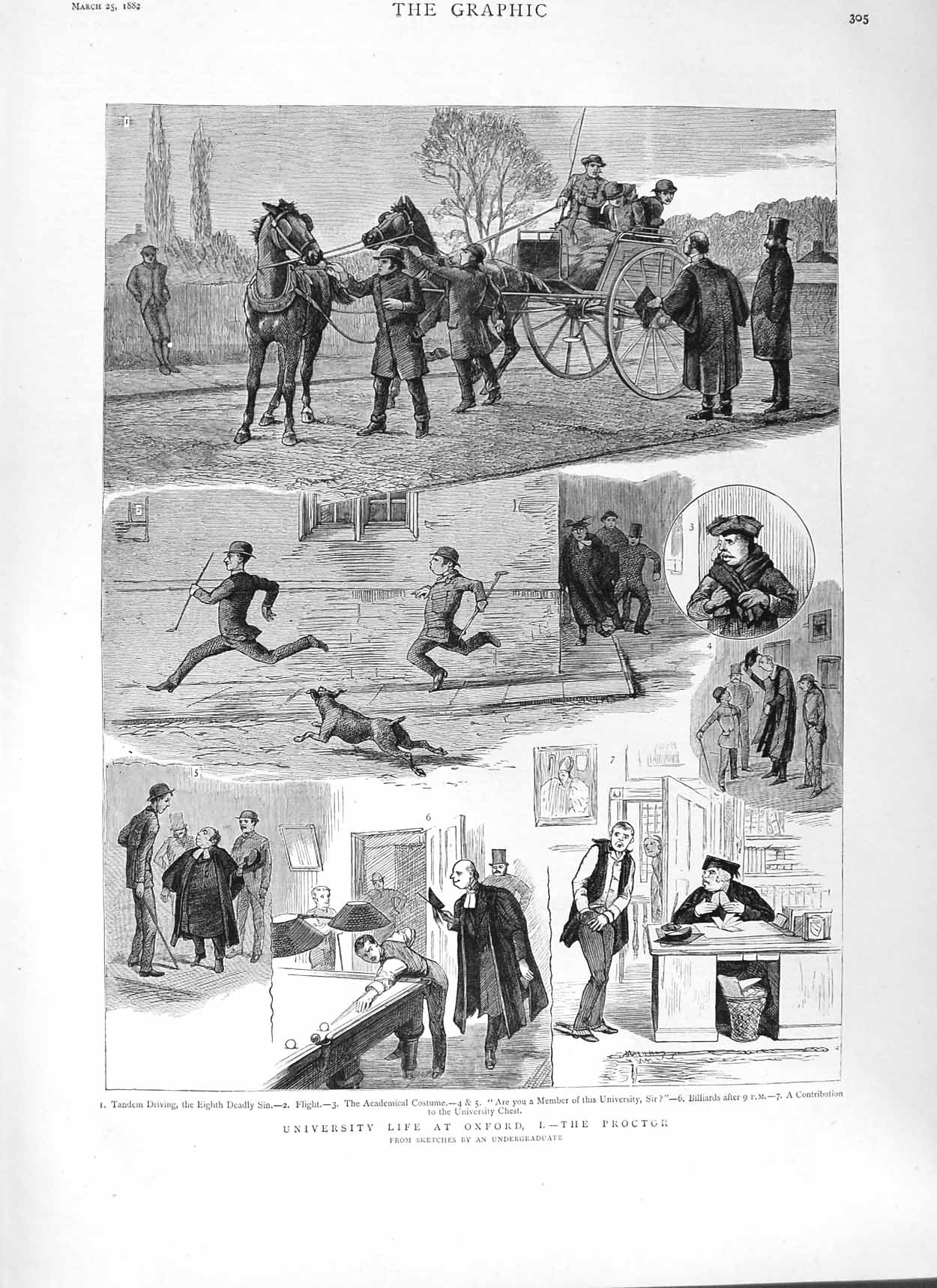 Old Antique Print 1882 University Life Oxford Proctor Billiards Students 19th